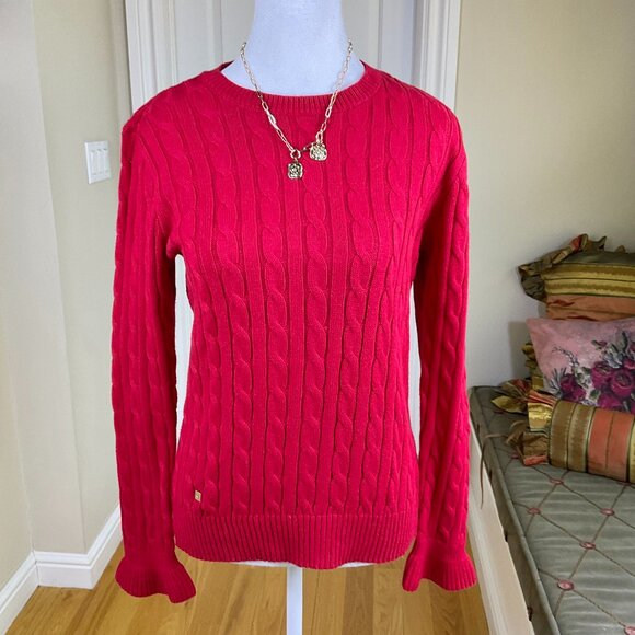 Lauren Ralph Lauren Sweater Cotton Cable Knit Flared Cuff Long Sleeves Red (M) - Picture 1 of 7